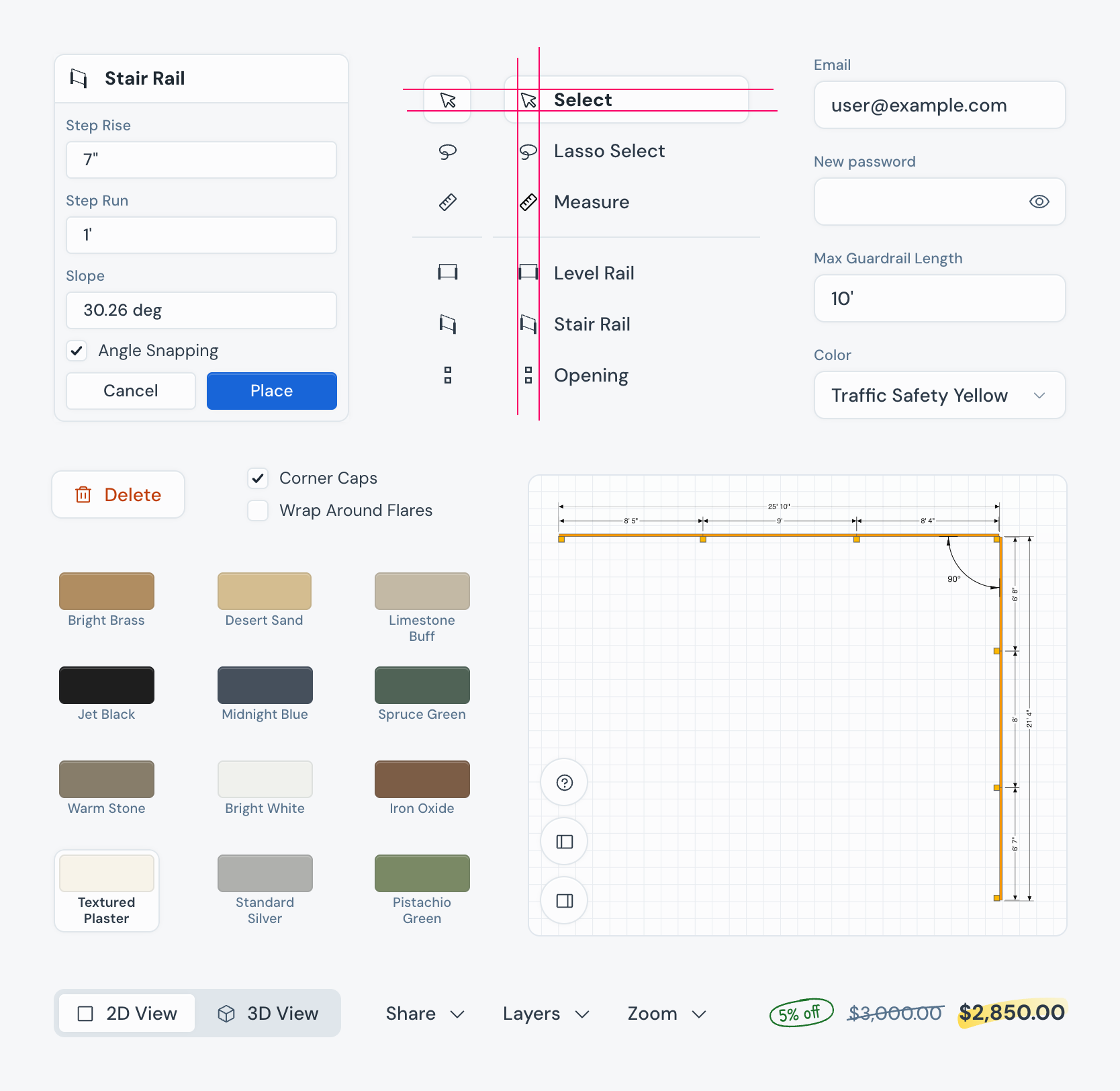 Detail work: controls, color swatches, alignment guides, and the discounted price highlighted in mock handwriting