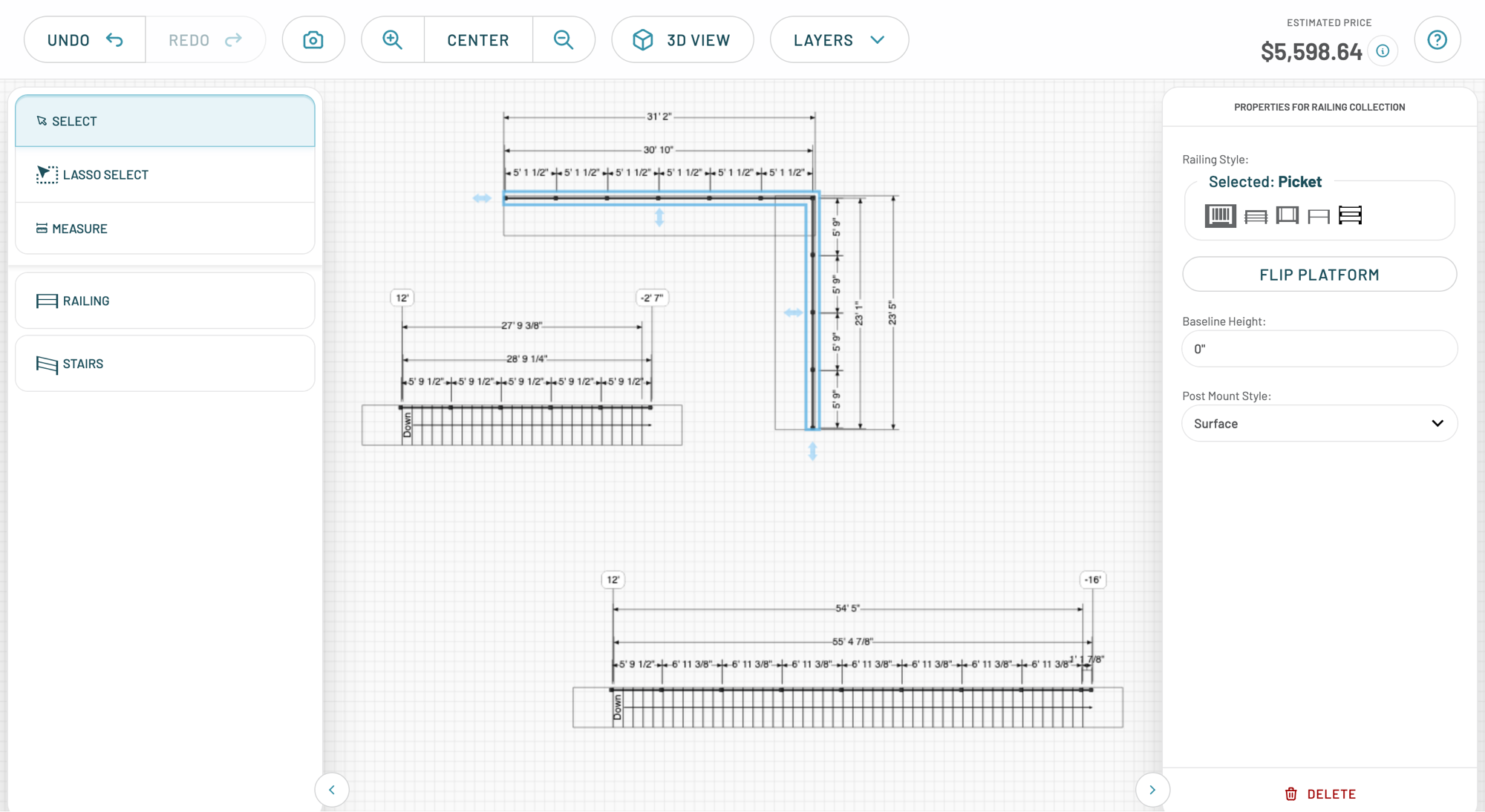 The initial UI before the redesign: the live editor with a railing layout placed