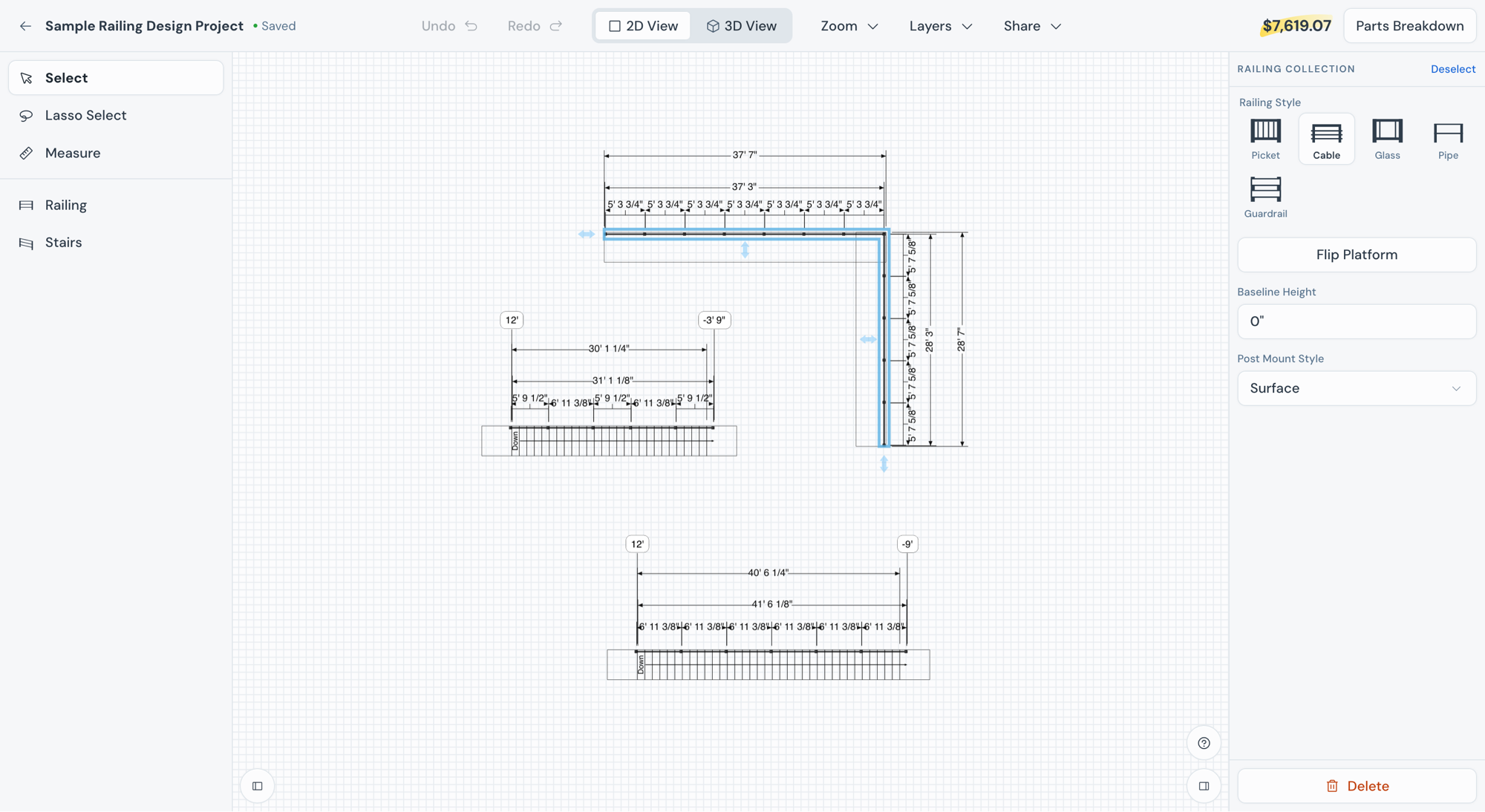 The 2D plan view with a cable railing run selected and the railing collection panel open