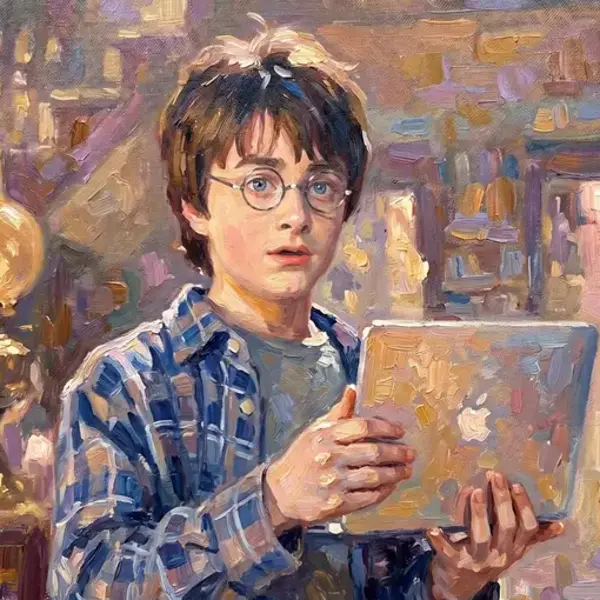 Impressionist oil painting of a boy looking wide-eyed at a laptop