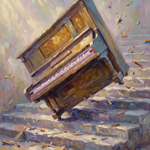 Impressionist oil painting of a piano tumbling down a flight of stairs