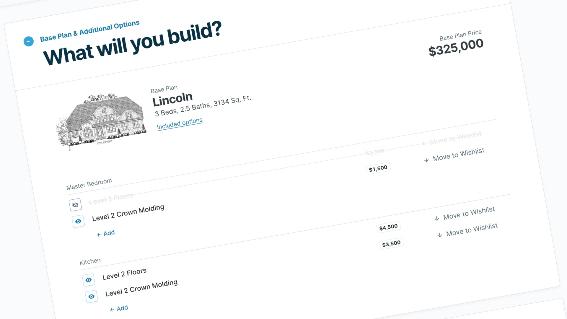 Winslow Homes option selection UI